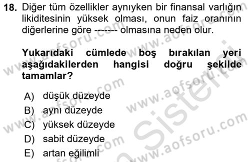 Finansal Ekonomi Dersi Ara Sınavı Deneme Sınav Soruları 18. Soru