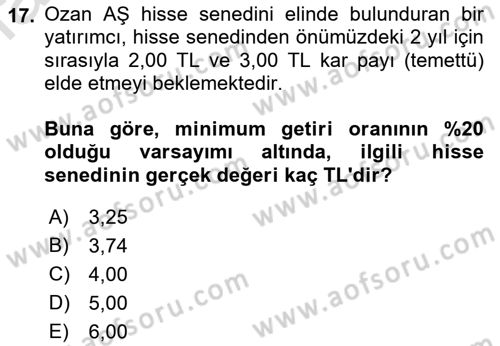 Finansal Ekonomi Dersi 2021 - 2022 Yılı (Final) Dönem Sonu Sınav Soruları 17. Soru