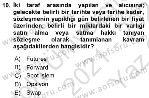 Finansal Ekonomi Dersi 2021 - 2022 Yılı Yaz Okulu Sınav Soruları 10. Soru
