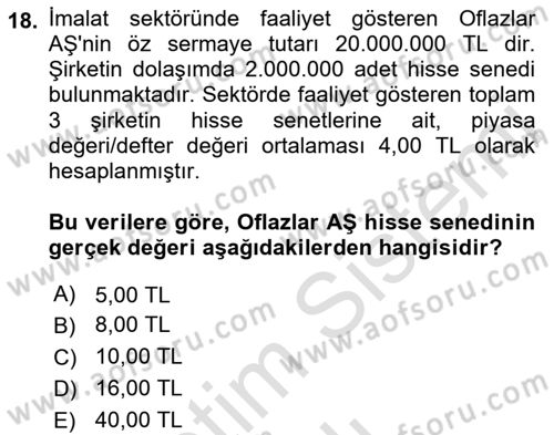Finansal Ekonomi Dersi 2021 - 2022 Yılı Yaz Okulu Sınav Soruları 18. Soru