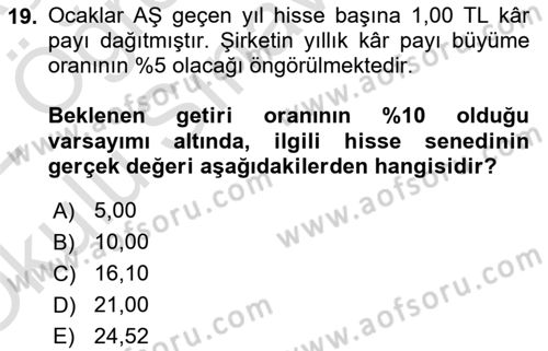 Finansal Ekonomi Dersi 2021 - 2022 Yılı Yaz Okulu Sınav Soruları 19. Soru