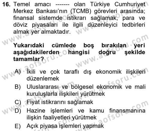 Finansal Ekonomi Dersi 2024 - 2025 Yılı (Vize) Ara Sınav Soruları 16. Soru