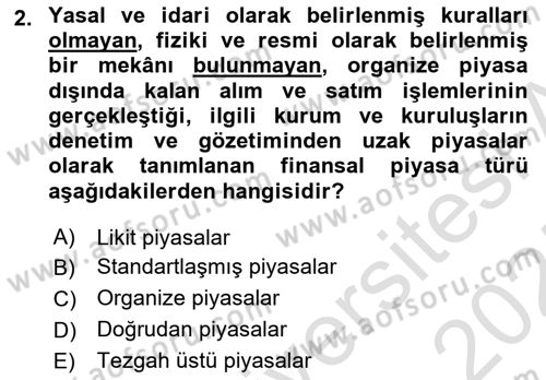 Finansal Ekonomi Dersi 2024 - 2025 Yılı (Vize) Ara Sınav Soruları 2. Soru