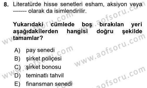 Finansal Ekonomi Dersi 2024 - 2025 Yılı (Vize) Ara Sınav Soruları 8. Soru