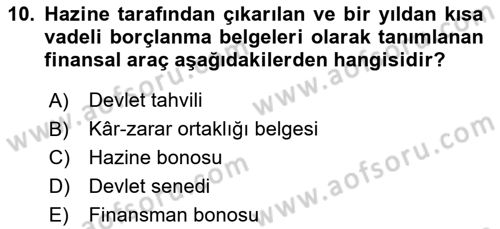 Finansal Ekonomi Dersi 2025 - 2026 Yılı (Vize) Ara Sınav Soruları 10. Soru