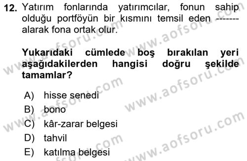 Finansal Ekonomi Dersi 2025 - 2026 Yılı (Vize) Ara Sınav Soruları 12. Soru