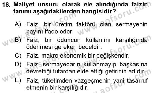 Finansal Ekonomi Dersi 2025 - 2026 Yılı (Vize) Ara Sınav Soruları 16. Soru