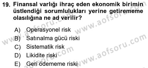 Finansal Ekonomi Dersi 2025 - 2026 Yılı (Vize) Ara Sınav Soruları 19. Soru