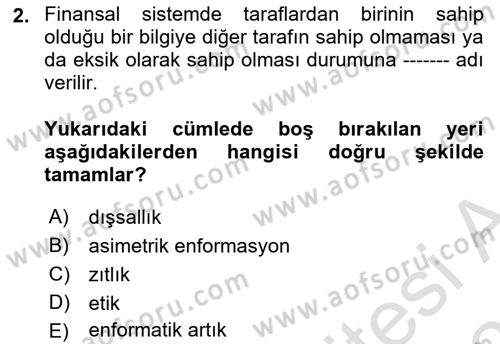 Finansal Ekonomi Dersi 2025 - 2026 Yılı (Vize) Ara Sınav Soruları 2. Soru