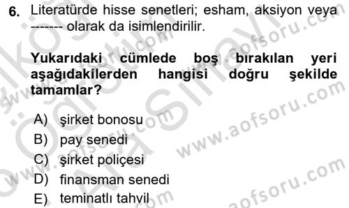 Finansal Ekonomi Dersi 2025 - 2026 Yılı (Vize) Ara Sınav Soruları 6. Soru