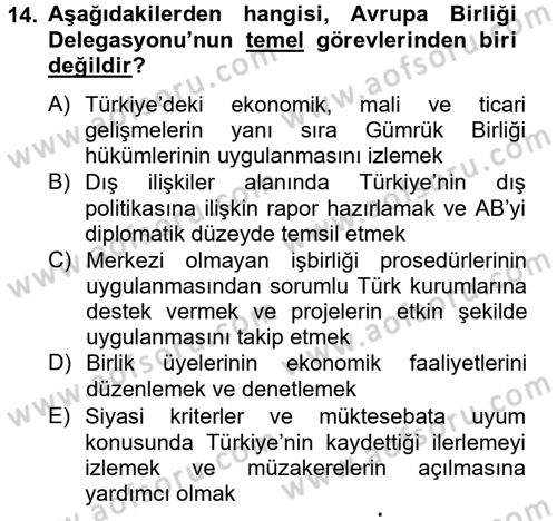 Avrupa Birliği ve Türkiye İlişkileri Dersi 2012 - 2013 Yılı (Vize) Ara Sınavı 14. Soru