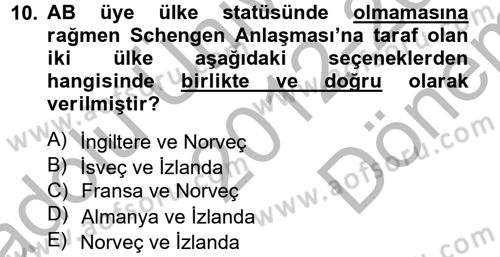 Avrupa Birliği ve Türkiye İlişkileri Dersi 2012 - 2013 Yılı (Final) Dönem Sonu Sınav Soruları 10. Soru