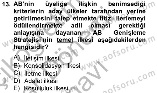 Avrupa Birliği ve Türkiye İlişkileri Dersi 2012 - 2013 Yılı (Final) Dönem Sonu Sınav Soruları 13. Soru