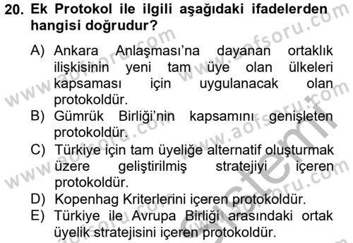 Avrupa Birliği ve Türkiye İlişkileri Dersi 2012 - 2013 Yılı (Final) Dönem Sonu Sınav Soruları 20. Soru