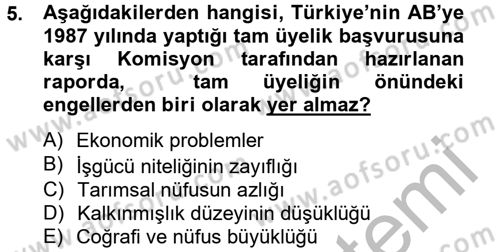 Avrupa Birliği ve Türkiye İlişkileri Dersi 2012 - 2013 Yılı (Final) Dönem Sonu Sınav Soruları 5. Soru