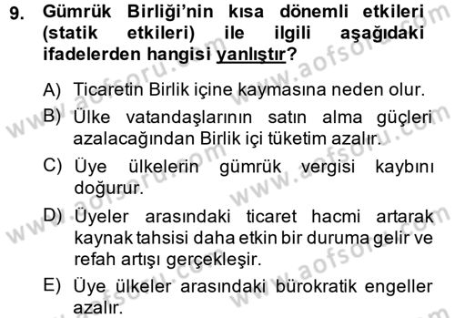 Avrupa Birliği ve Türkiye İlişkileri Dersi 2013 - 2014 Yılı (Vize) Ara Sınav Soruları 9. Soru