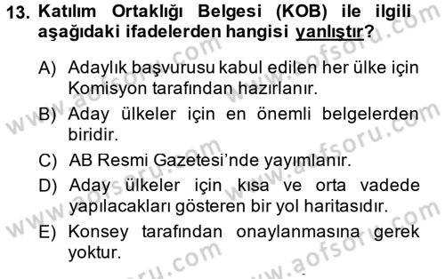 Avrupa Birliği ve Türkiye İlişkileri Dersi 2013 - 2014 Yılı (Final) Dönem Sonu Sınav Soruları 13. Soru