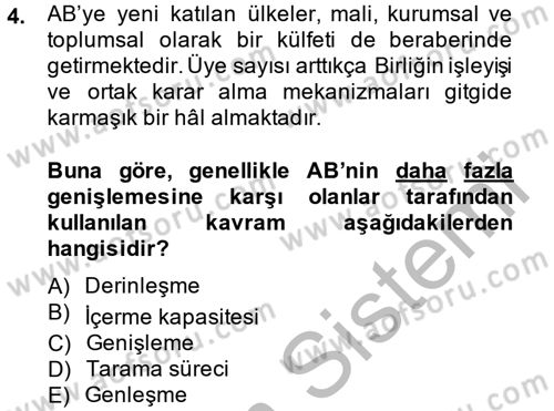 Avrupa Birliği ve Türkiye İlişkileri Dersi 2013 - 2014 Yılı (Final) Dönem Sonu Sınav Soruları 4. Soru