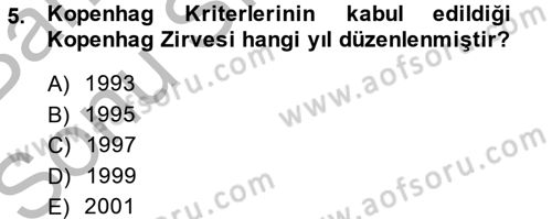 Avrupa Birliği ve Türkiye İlişkileri Dersi 2013 - 2014 Yılı (Final) Dönem Sonu Sınav Soruları 5. Soru