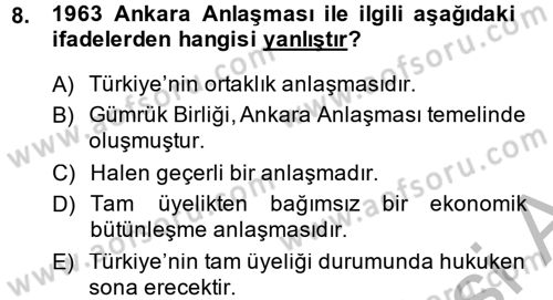 Avrupa Birliği ve Türkiye İlişkileri Dersi 2013 - 2014 Yılı (Final) Dönem Sonu Sınav Soruları 8. Soru