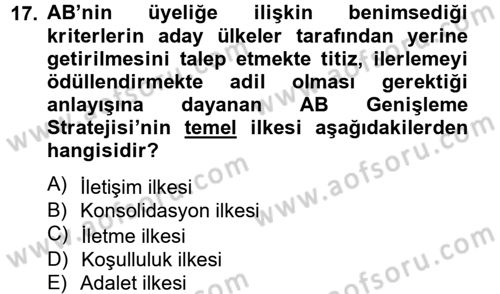 Avrupa Birliği ve Türkiye İlişkileri Dersi 2013 - 2014 Yılı Tek Ders Sınav Soruları 17. Soru
