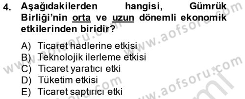 Avrupa Birliği ve Türkiye İlişkileri Dersi 2013 - 2014 Yılı Tek Ders Sınav Soruları 4. Soru