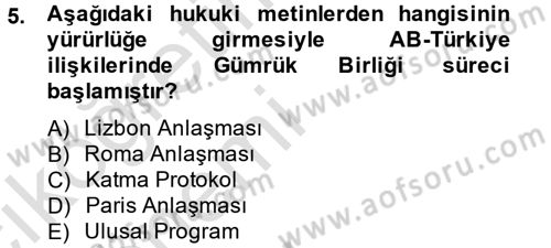 Avrupa Birliği ve Türkiye İlişkileri Dersi 2013 - 2014 Yılı Tek Ders Sınav Soruları 5. Soru