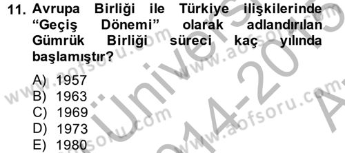 Avrupa Birliği ve Türkiye İlişkileri Dersi 2014 - 2015 Yılı (Vize) Ara Sınav Soruları 11. Soru