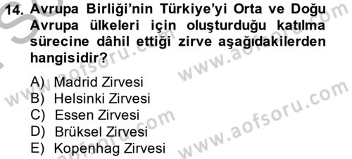 Avrupa Birliği ve Türkiye İlişkileri Dersi 2014 - 2015 Yılı (Final) Dönem Sonu Sınavı 14. Soru