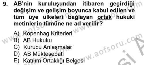 Avrupa Birliği ve Türkiye İlişkileri Dersi 2014 - 2015 Yılı (Final) Dönem Sonu Sınav Soruları 9. Soru
