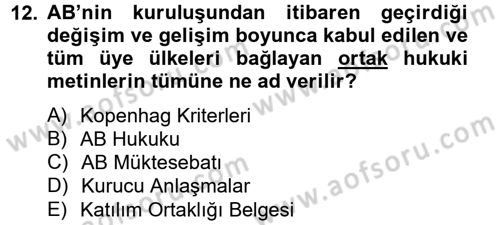 Avrupa Birliği ve Türkiye İlişkileri Dersi 2014 - 2015 Yılı Tek Ders Sınav Soruları 12. Soru