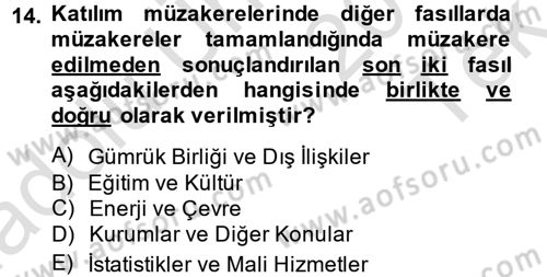 Avrupa Birliği ve Türkiye İlişkileri Dersi 2014 - 2015 Yılı Tek Ders Sınav Soruları 14. Soru