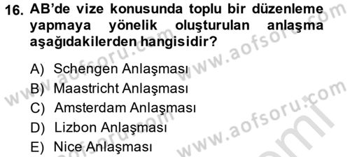 Avrupa Birliği ve Türkiye İlişkileri Dersi 2014 - 2015 Yılı Tek Ders Sınav Soruları 16. Soru