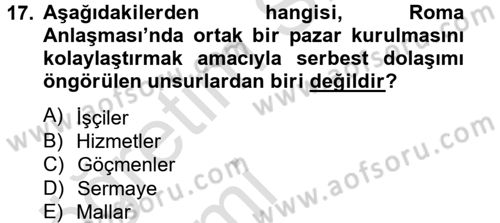 Avrupa Birliği ve Türkiye İlişkileri Dersi 2014 - 2015 Yılı Tek Ders Sınav Soruları 17. Soru