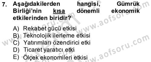 Avrupa Birliği ve Türkiye İlişkileri Dersi 2014 - 2015 Yılı Tek Ders Sınav Soruları 7. Soru