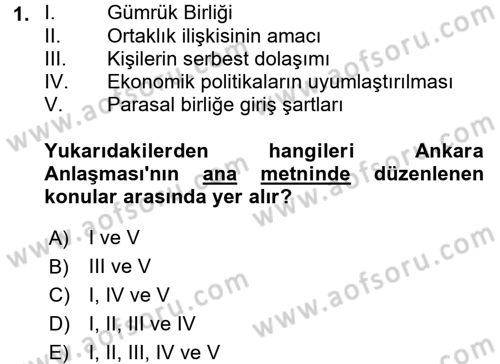 Avrupa Birliği ve Türkiye İlişkileri Dersi 2015 - 2016 Yılı (Vize) Ara Sınavı 1. Soru