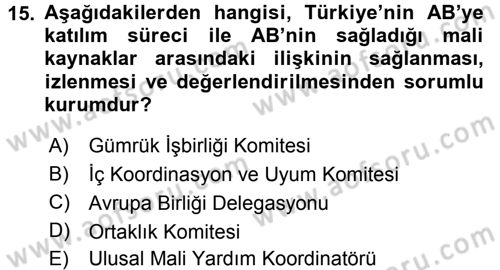 Avrupa Birliği ve Türkiye İlişkileri Dersi 2015 - 2016 Yılı (Vize) Ara Sınav Soruları 15. Soru