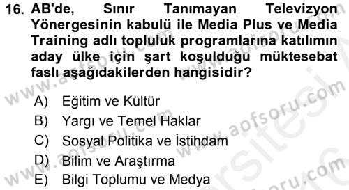 Avrupa Birliği ve Türkiye İlişkileri Dersi 2015 - 2016 Yılı (Vize) Ara Sınav Soruları 16. Soru