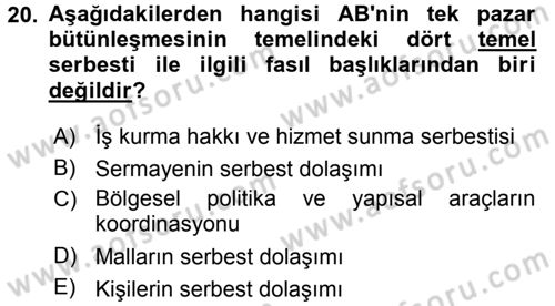 Avrupa Birliği ve Türkiye İlişkileri Dersi 2015 - 2016 Yılı (Vize) Ara Sınav Soruları 20. Soru