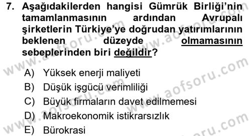 Avrupa Birliği ve Türkiye İlişkileri Dersi 2015 - 2016 Yılı (Vize) Ara Sınav Soruları 7. Soru