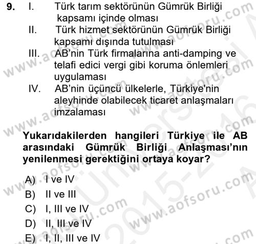 Avrupa Birliği ve Türkiye İlişkileri Dersi 2015 - 2016 Yılı (Vize) Ara Sınavı 9. Soru