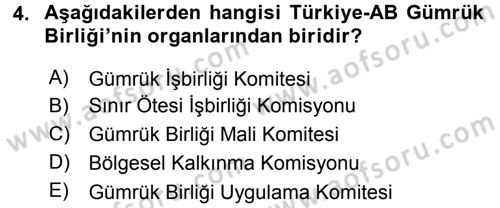 Avrupa Birliği ve Türkiye İlişkileri Dersi 2015 - 2016 Yılı (Final) Dönem Sonu Sınav Soruları 4. Soru