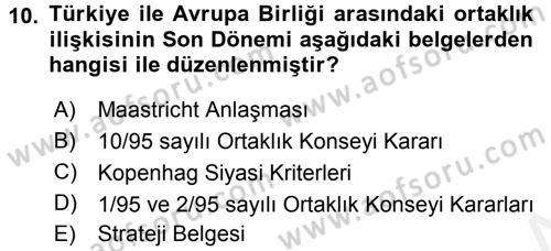 Avrupa Birliği ve Türkiye İlişkileri Dersi 2015 - 2016 Yılı Tek Ders Sınavı 10. Soru