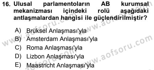 Avrupa Birliği ve Türkiye İlişkileri Dersi 2015 - 2016 Yılı Tek Ders Sınavı 16. Soru