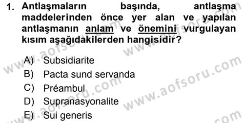 Avrupa Birliği ve Türkiye İlişkileri Dersi 2016 - 2017 Yılı 3 Ders Sınavı 1. Soru