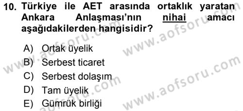 Avrupa Birliği ve Türkiye İlişkileri Dersi 2016 - 2017 Yılı 3 Ders Sınav Soruları 10. Soru