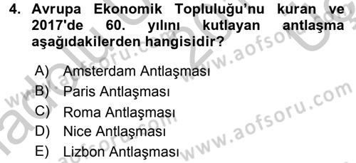 Avrupa Birliği ve Türkiye İlişkileri Dersi 2016 - 2017 Yılı 3 Ders Sınav Soruları 4. Soru