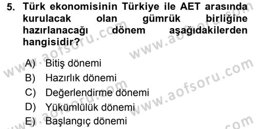 Avrupa Birliği ve Türkiye İlişkileri Dersi 2016 - 2017 Yılı 3 Ders Sınav Soruları 5. Soru