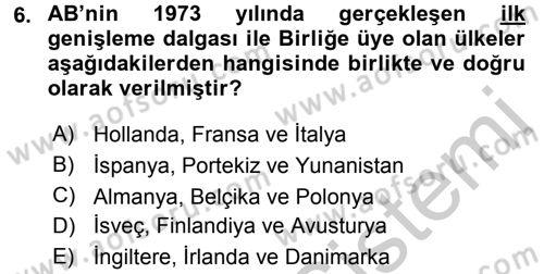 Avrupa Birliği ve Türkiye İlişkileri Dersi 2016 - 2017 Yılı 3 Ders Sınav Soruları 6. Soru