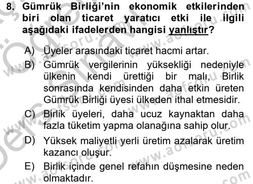 Avrupa Birliği ve Türkiye İlişkileri Dersi 2016 - 2017 Yılı 3 Ders Sınav Soruları 8. Soru